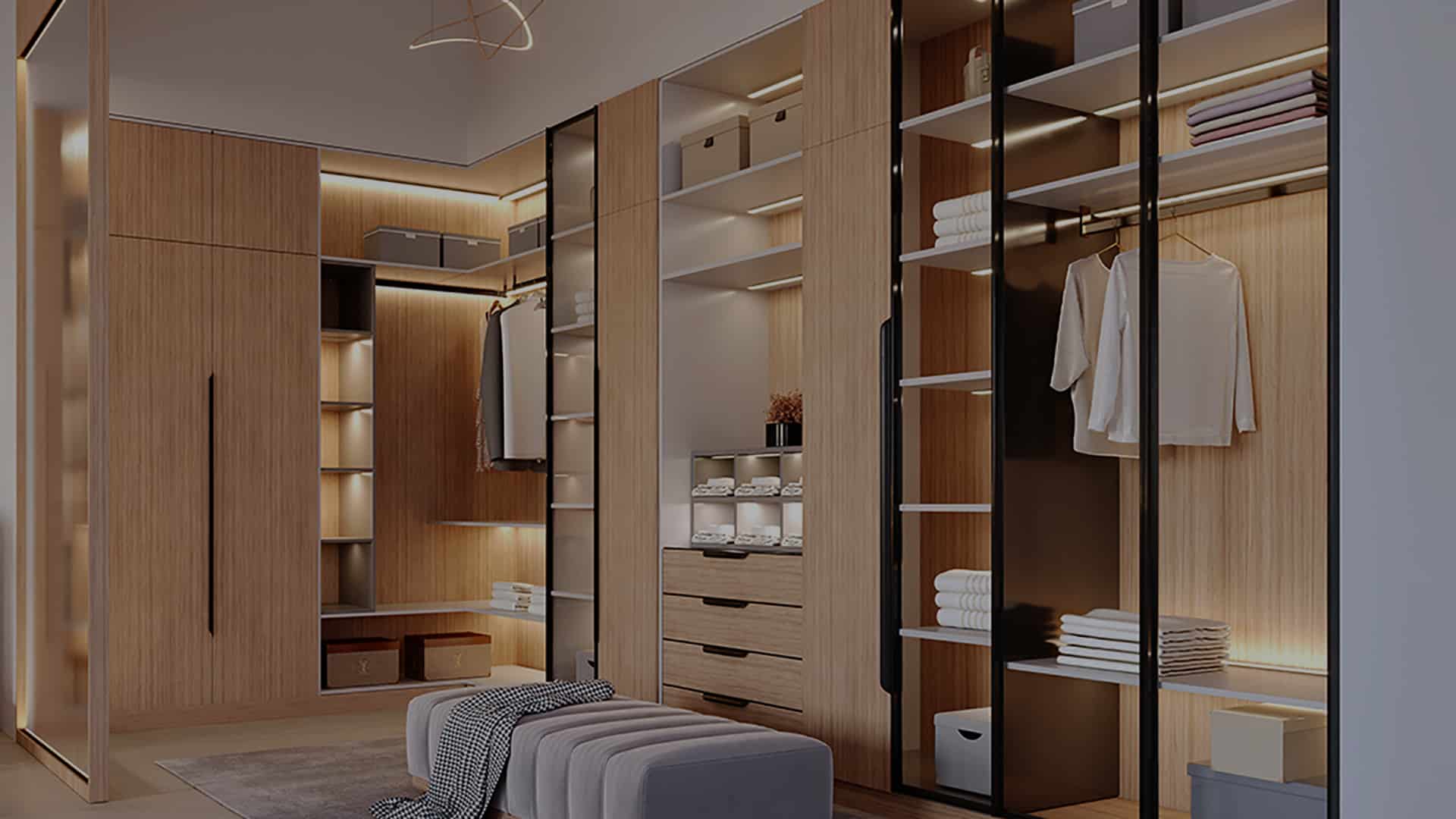 Walk-in closet with wood shelving and lighting