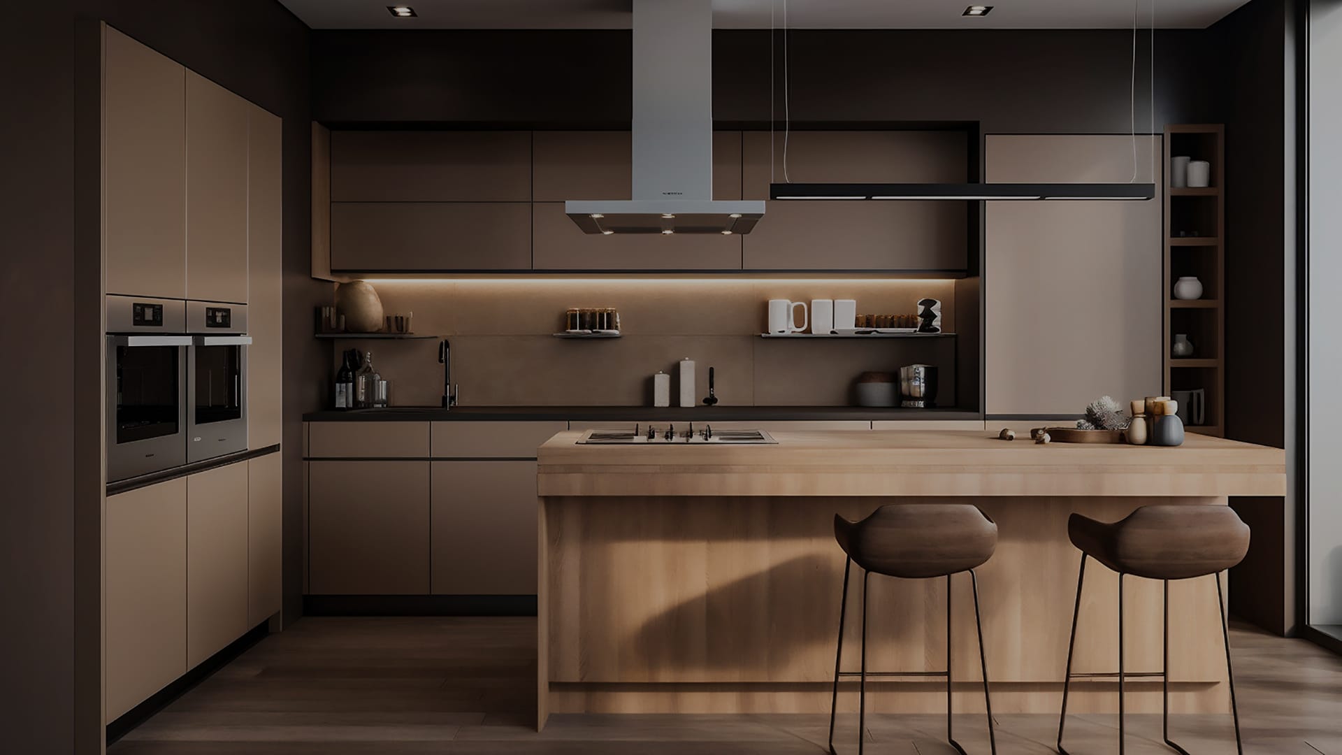 Modern kitchen with wood island and dark cabinetry